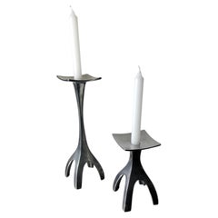 Pair of Biomorphic candleholders, solid aluminum, Spain, 1970's
