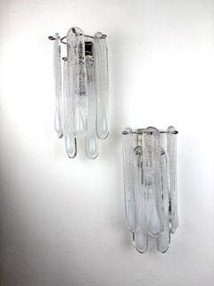 Pair of 2-tier Murano Mazzega wall lights, Iridescent White Frosted Glass, Italy