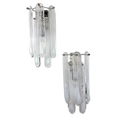 Pair of 2-tier Murano Mazzega wall lights, Iridescent White Frosted Glass, Italy