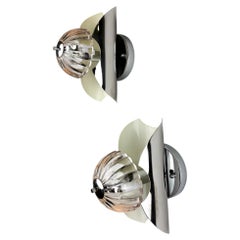 Pair of Chromed Petal-Shaped Glass Space Age Wall Sconces, Italy 1970s