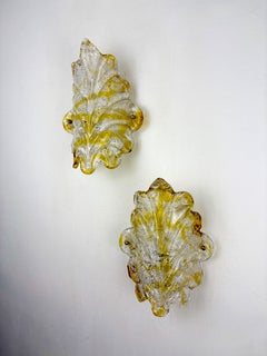 Pair of Orange Murano Frosted Leaf Sconces, Textured Glass & Gilt Details, Italy
