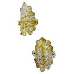 Pair of Orange Murano Frosted Leaf Sconces, Textured Glass & Gilt Details, Italy