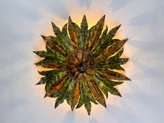 Mid-Century Spanish Sunburst Foliage Ceiling Light, Green Gilt Iron, 1950s