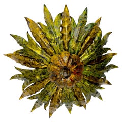 Mid-Century Spanish Sunburst Foliage Ceiling Light, Green Gilt Iron, 1950s