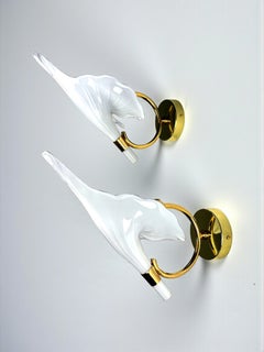 Pair of "Calla Lily" Leaf-Shaped Wall Sconces, Murano Glass & Gilt Brass, Italy