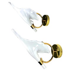 Pair of "Calla Lily" Leaf-Shaped Wall Sconces, Murano Glass & Gilt Brass, Italy