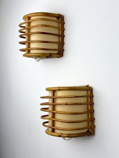Pair of Mid-Century Rattan Wall Sconces, Circa 1960s, Italy