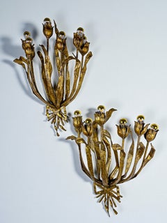 Monumental Pair of Gilt Metal "Tulip Bouquet" Wall Sconces, 7 Lights, Italy 1950
