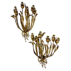 Monumental Pair of Gilt Metal "Tulip Bouquet" Wall Sconces, 7 Lights, Italy 1950