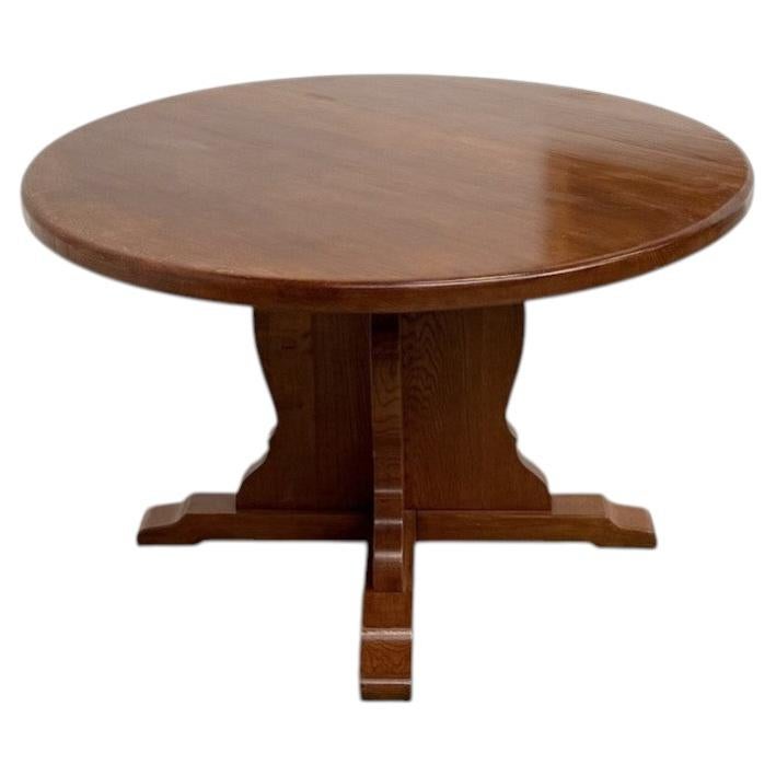 Brutalist Round Pedestal Dining Table in Solid Oak, France, 1960s