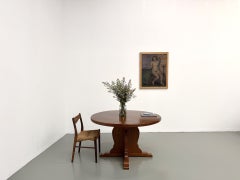 Brutalist Round Pedestal Dining Table in Solid Oak, France, 1960s