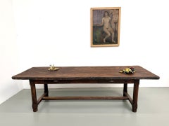 Brutalist Farmhouse Table in Solid Oak with Two Drawers, France, 1920s