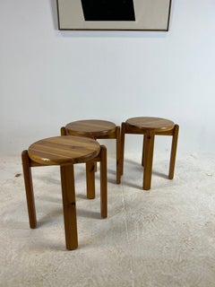 Set of 3 French Pine Stools, Les Arcs Style, 1970s
