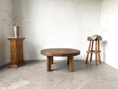 Brutalist Round Coffee Table in Solid Pine, France, 1950s