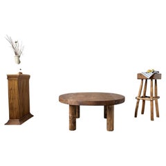 Brutalist Round Coffee Table in Solid Pine, France, 1950s