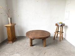 Brutalist Round Coffee Table in Solid Pine, France, 1950s