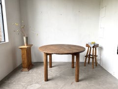 Brutalist Round Dining Table in Solid Oak, France, 1950s