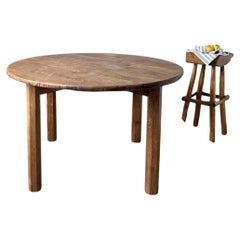 Brutalist Round Dining Table in Solid Oak, France, 1950s