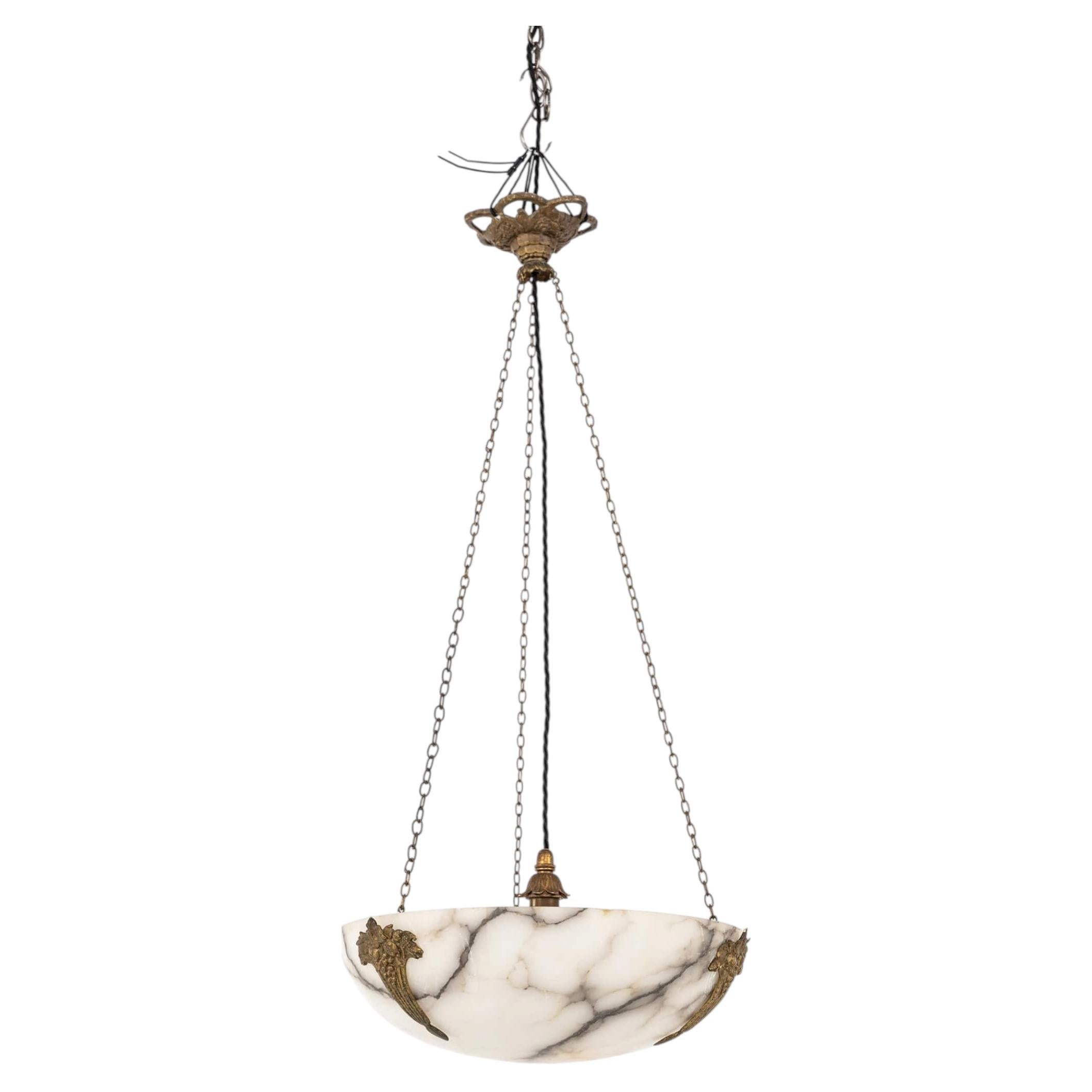 Antique French Marbled Alabaster Plafonnier Ceiling Light Pendant, C.1910
