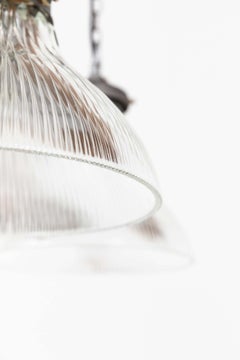 Pair of Vintage Industrial Holophane Prismatic Glass Pendant Lights, c.1930