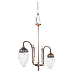 Edwardian Antique Two-Branch Copper Cut Glass Ceiling Light. c.1910