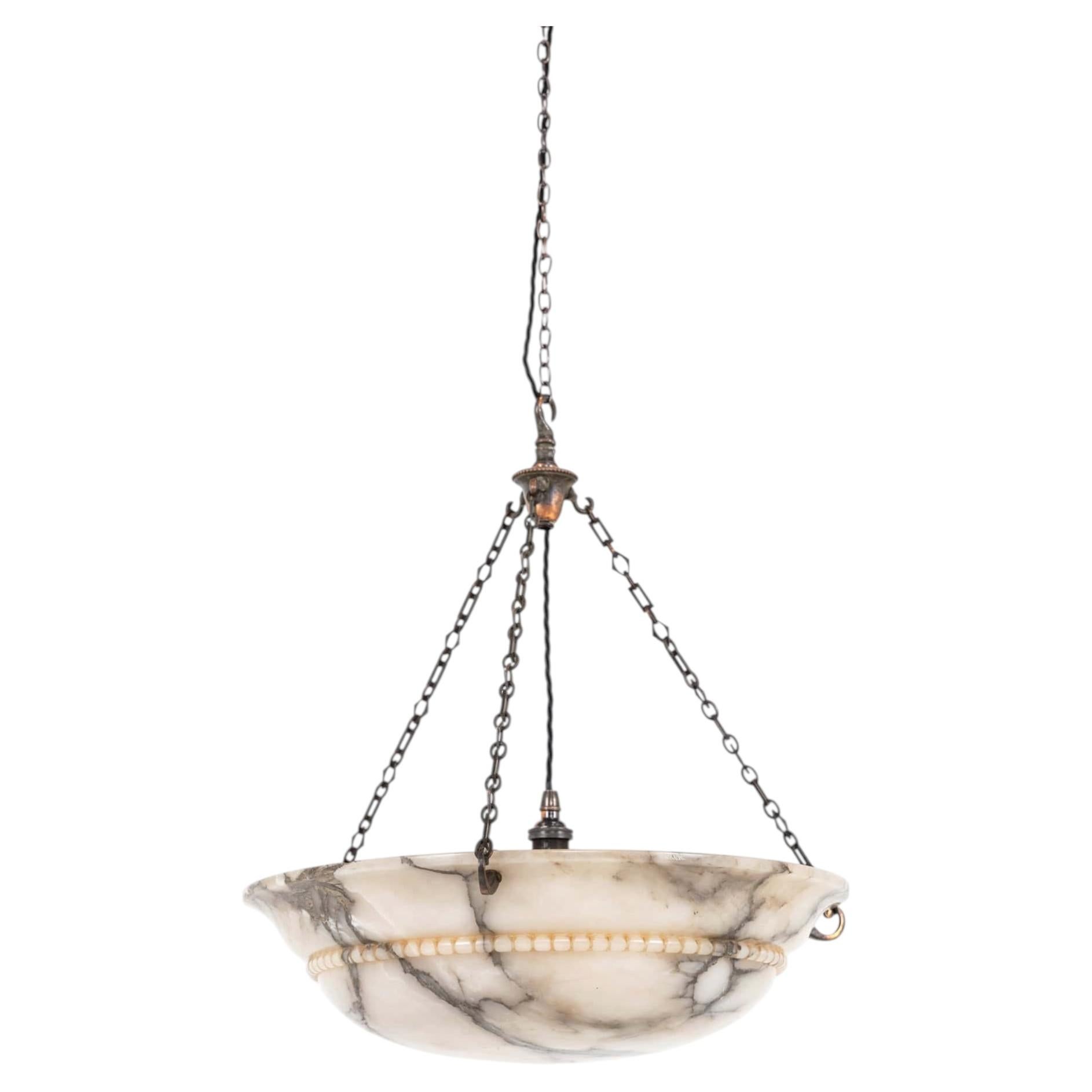 Antique Hand Carved Marbled Alabaster Plafonnier Ceiling Light Pendant, C.1910 For Sale