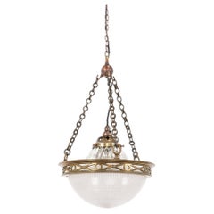 Antike Pendelleuchte aus Messing im Holophane-Blondel-Stil mit prismatischen Glaskugeln, um 1915