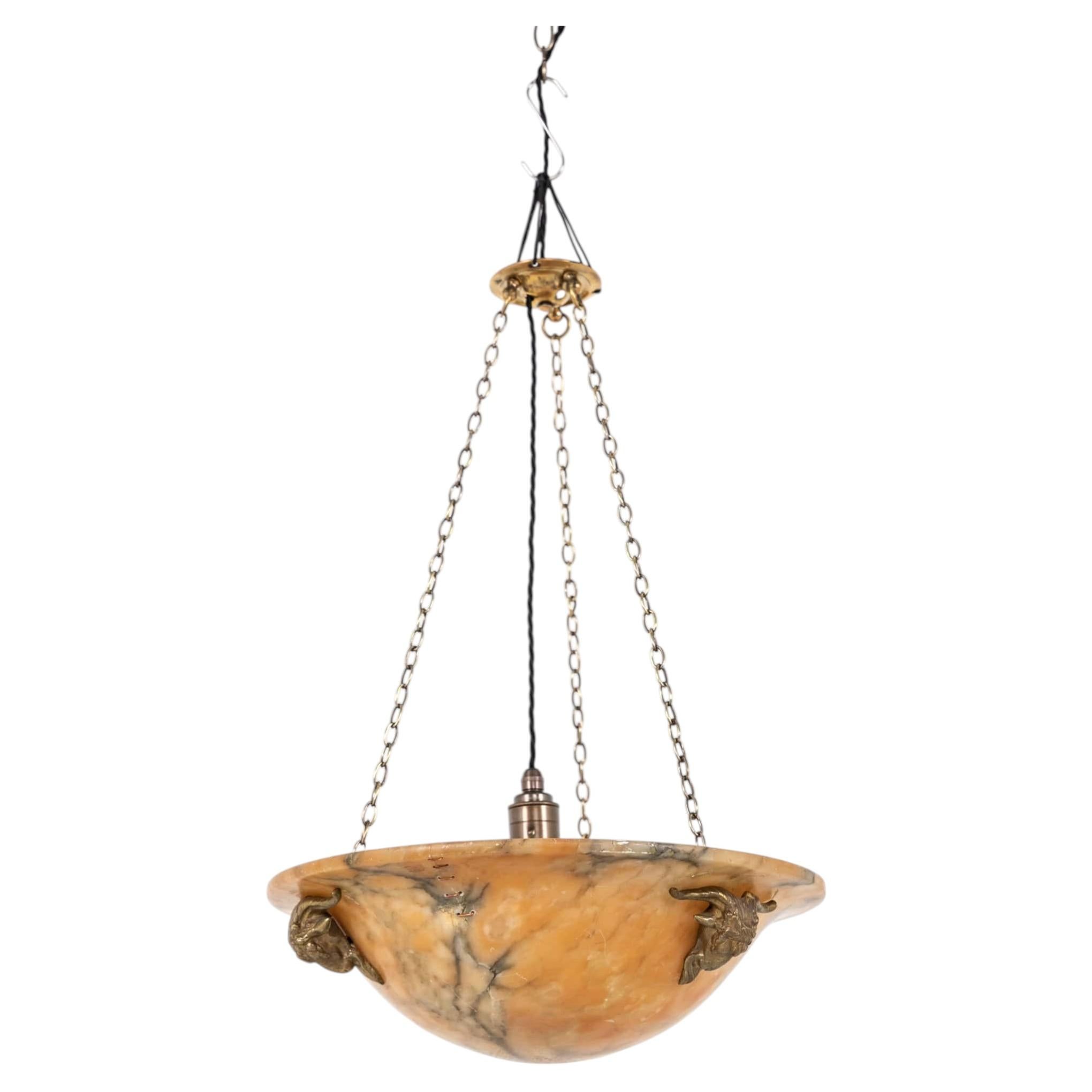 Antique French Marbled Alabaster Plafonnier Ceiling Light Pendant, C.1920 For Sale