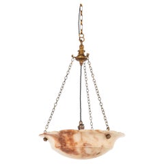 Antique Edwardian Hand Carved Marbled Alabaster Plafonnier Pendant Light, C.1910