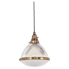 Antique Holophane 'Excellite' French Prismatic Glass Pendant Lamp, C.1920