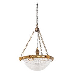 Antique Gilt Brass GEC / Holophane Crystal Prismatic Glass Pendant Light, c.1910