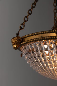 Antique Gilt Brass GEC / Holophane Crystal Prismatic Glass Pendant Light, c.1910
