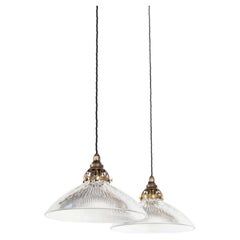 Pair of Antique Flared Holophane Prismatic Glass Pendant Lights, c.1920