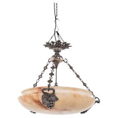 Lámpara de techo colgante antigua de estilo eduardiano, grande, tallada en alabastro, de alrededor de 1900