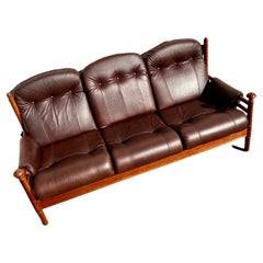 Vintage Mid-Century Modern Danish Brown Leather Wood Sofa Set by Reid