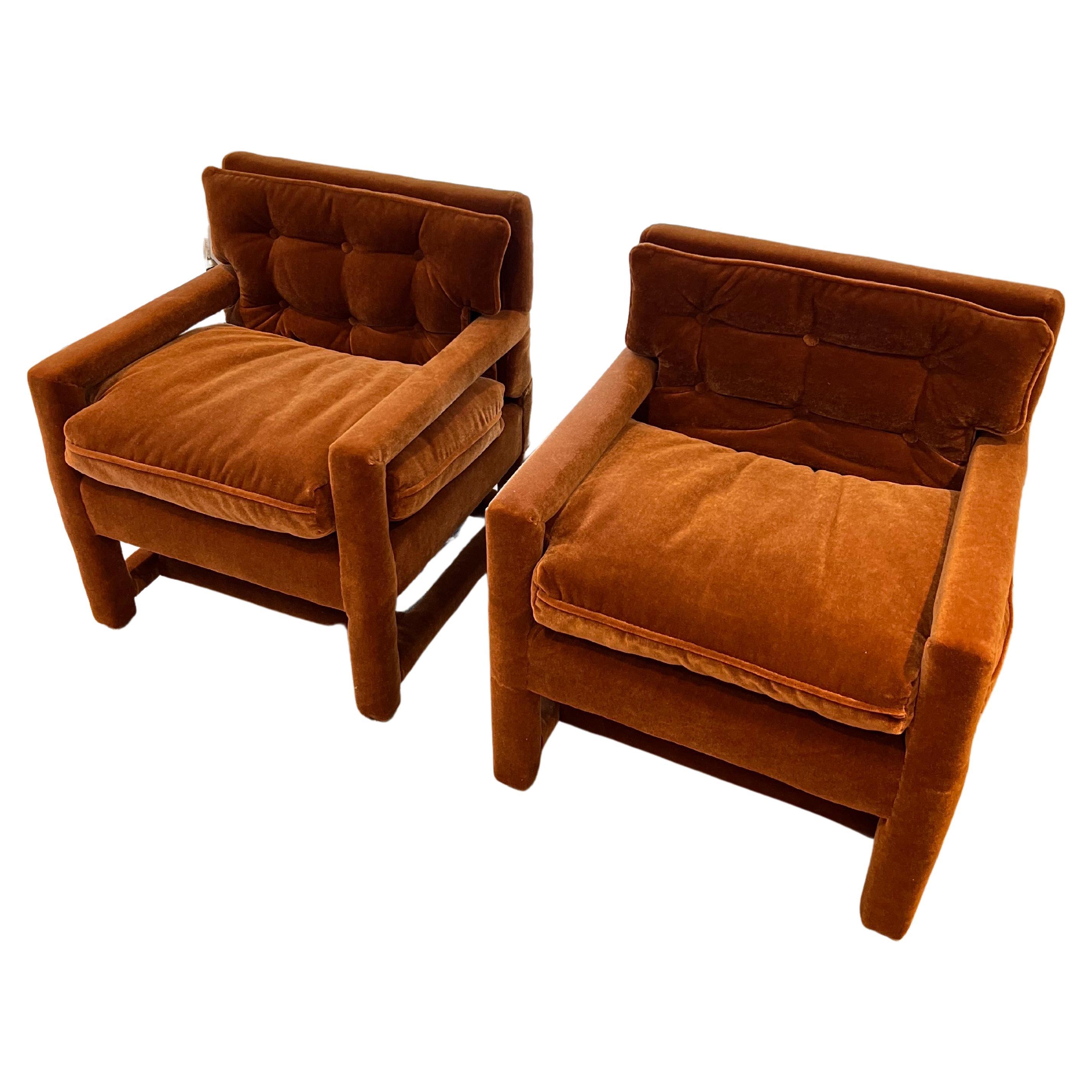 Newly Upholstered MCM Burnt Orange Velvet Milo Baughman Style Parsons Chairs
