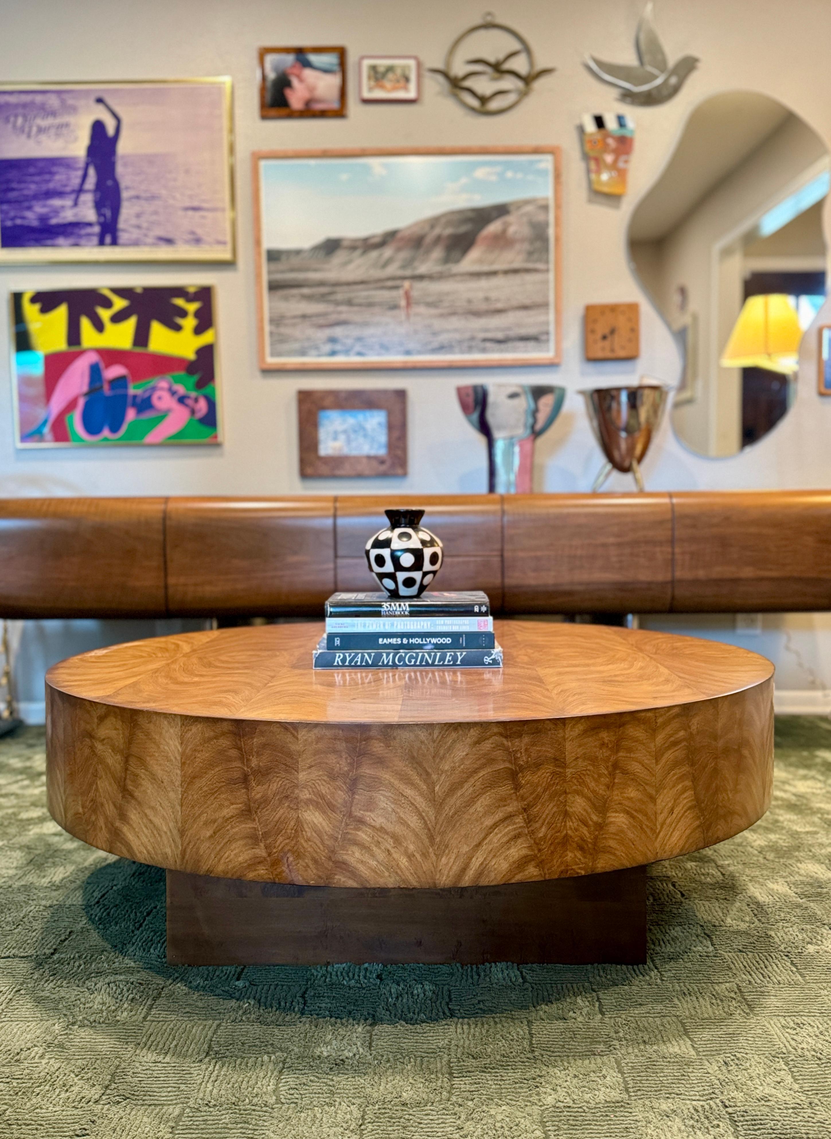 Mid-Century Modern Gorgeous art deco style floating burl wood coffee table with a plinthe base For Sale