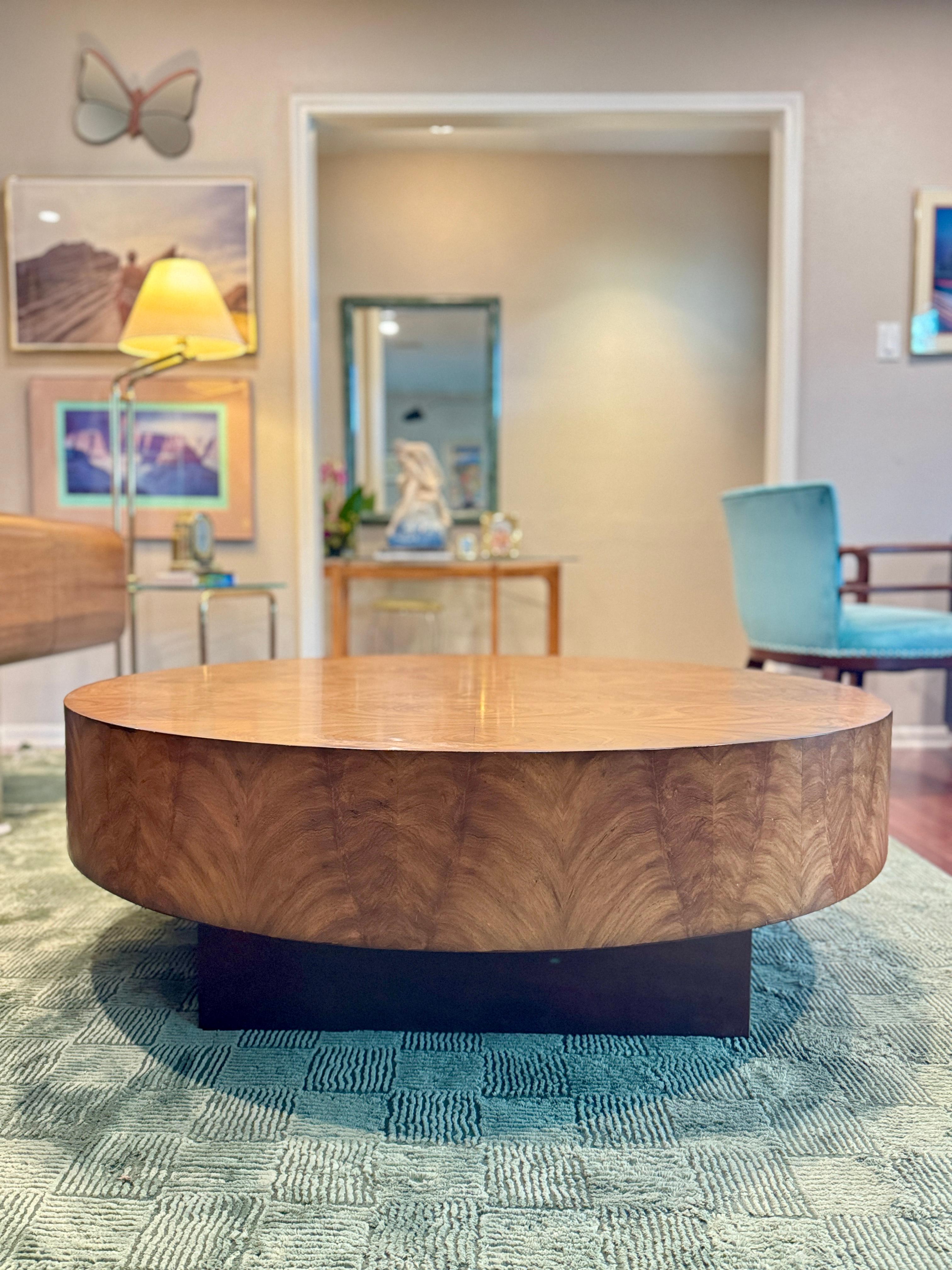Wood Gorgeous art deco style floating burl wood coffee table with a plinthe base For Sale