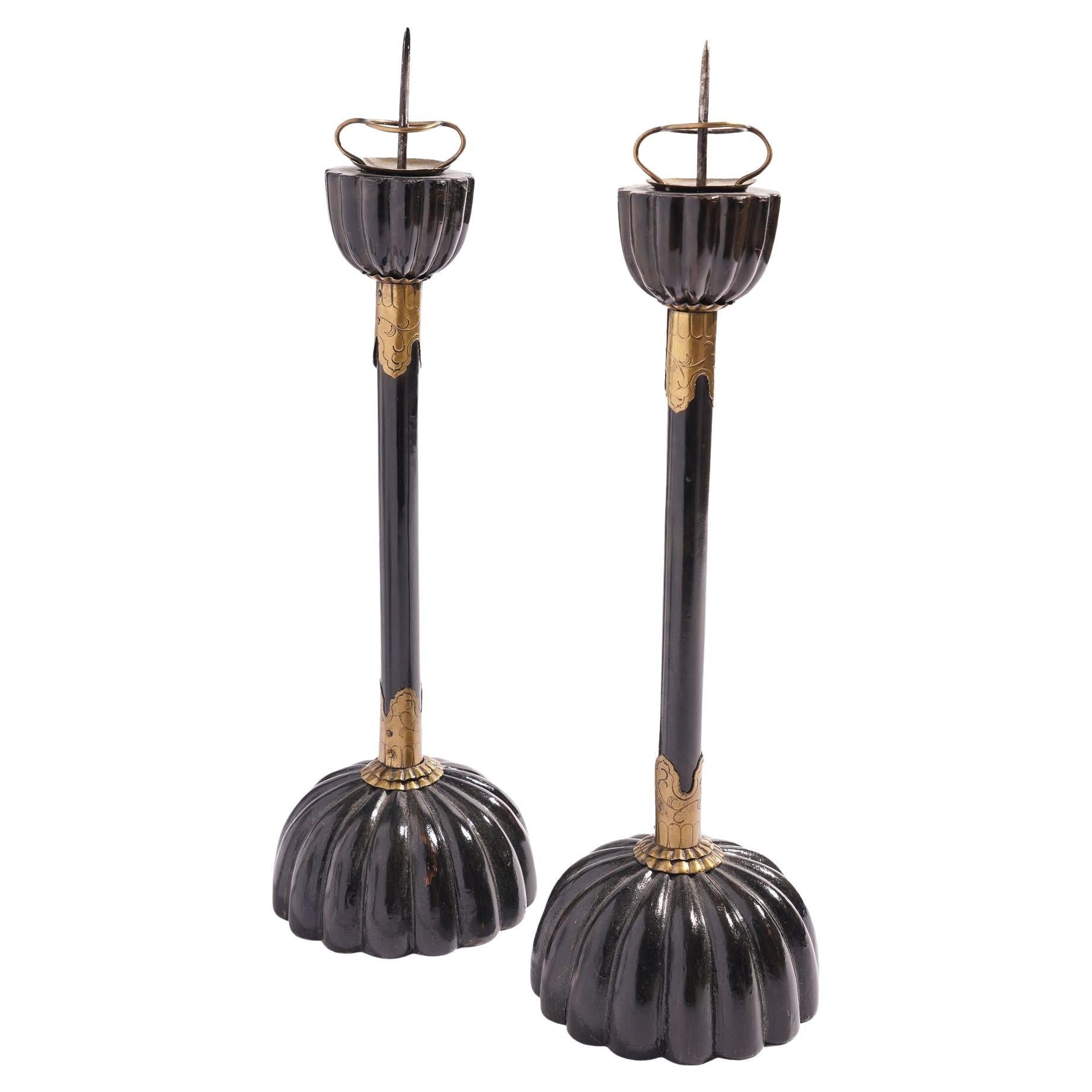 Pair of Japanese black lacquered altar sticks, c. 1800's For Sale
