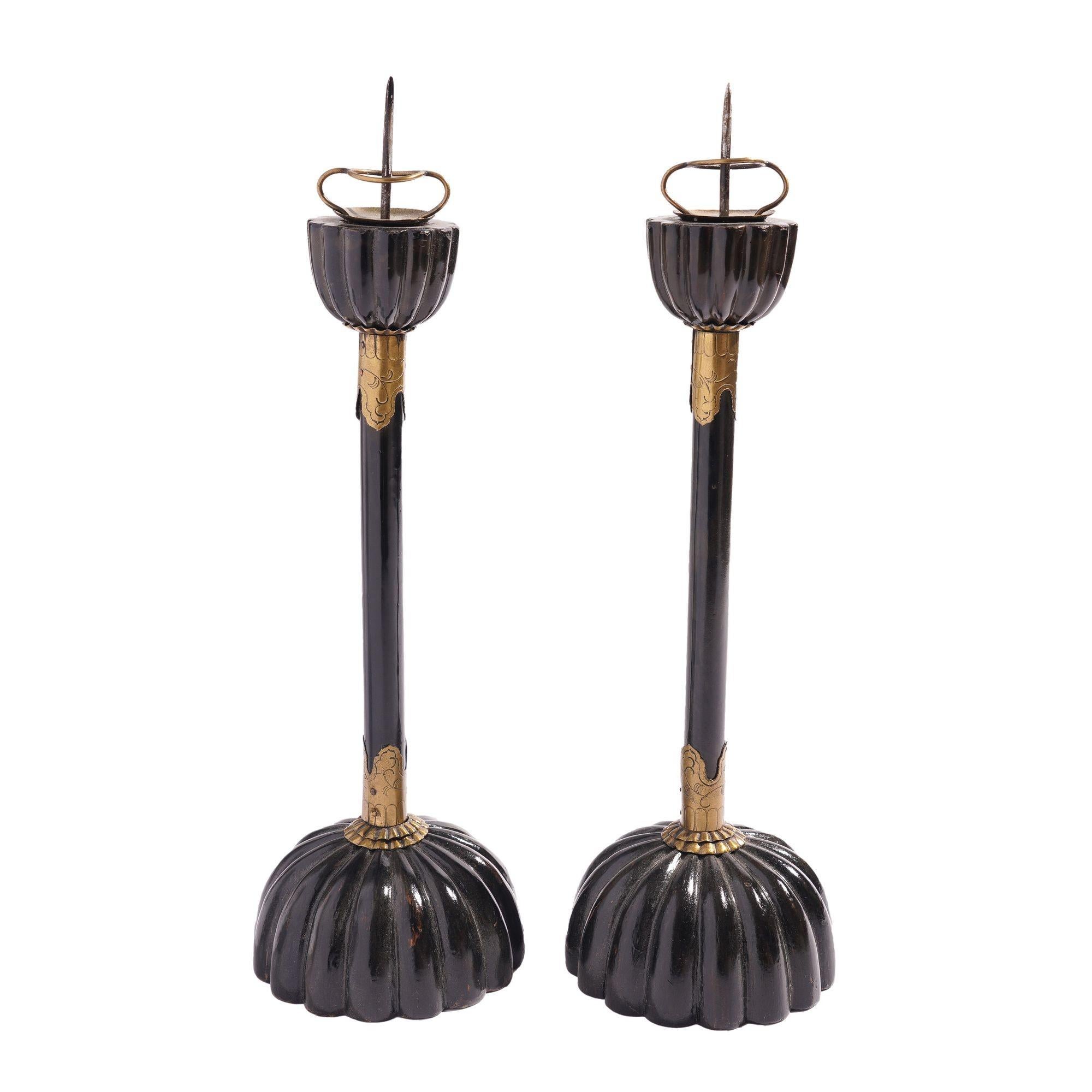 Pair of Japanese black lacquered altar sticks, c. 1800's In Good Condition For Sale In Kenilworth, IL