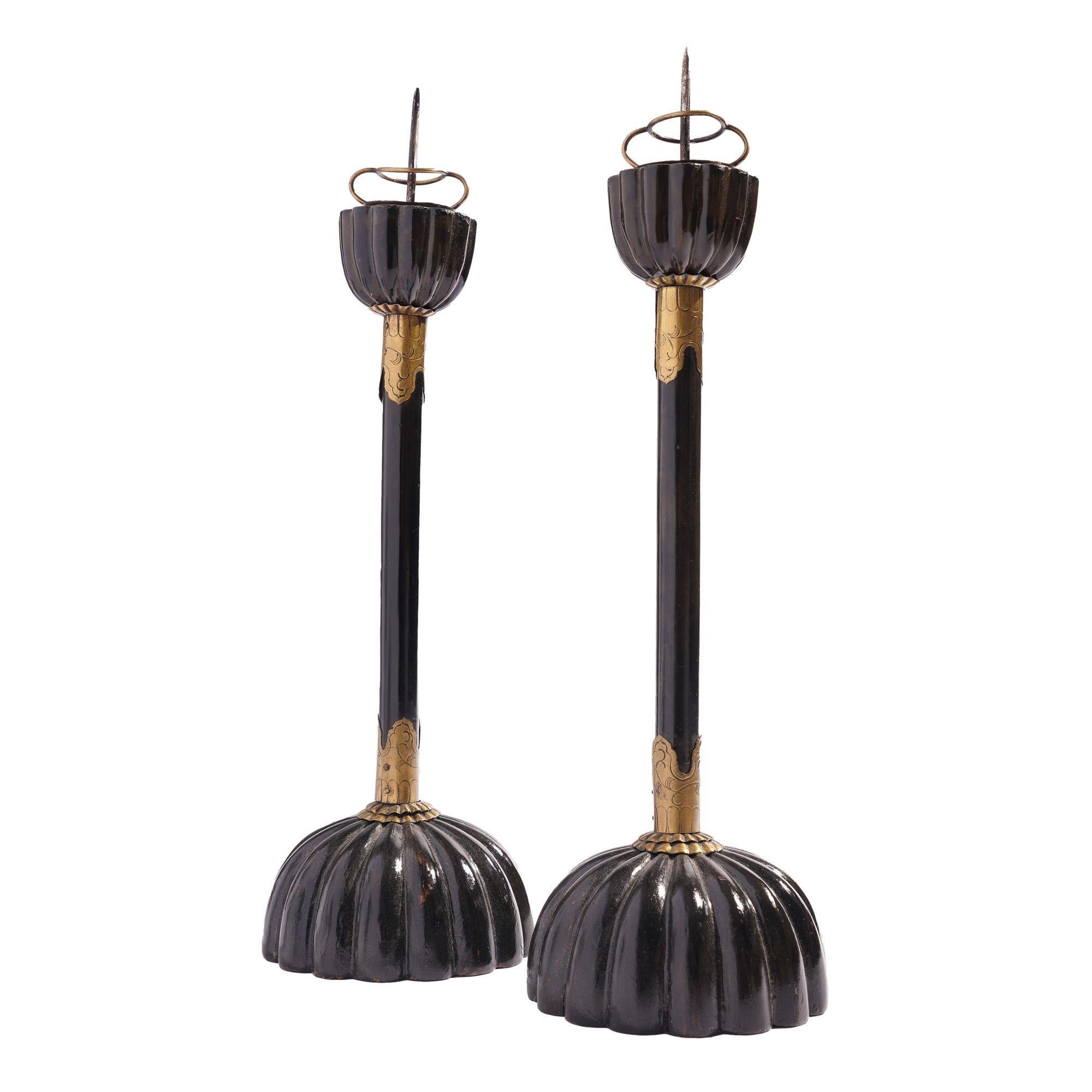 19th Century Pair of Japanese black lacquered altar sticks, c. 1800's For Sale