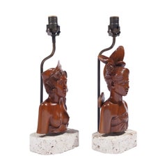 Lampade balinesi con busto in legno intagliato di Klungkung, 1920-40