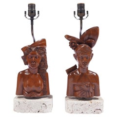 Lampade balinesi con busto in legno intagliato di Klungkung, 1920-40