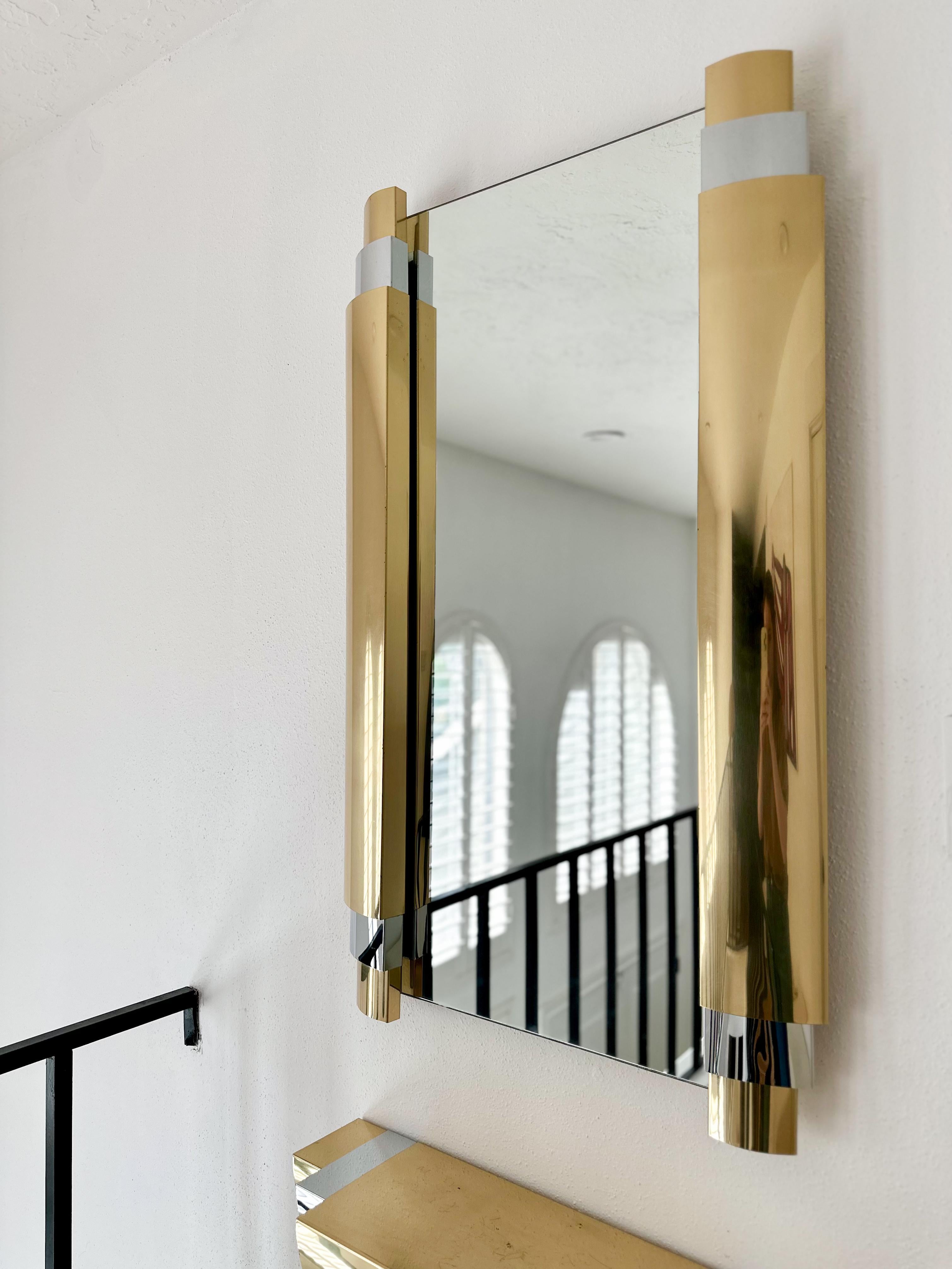 American 1980s Curtis Jere Brass and Chrome Wall Mounted Mirror With Floating Shelf For Sale