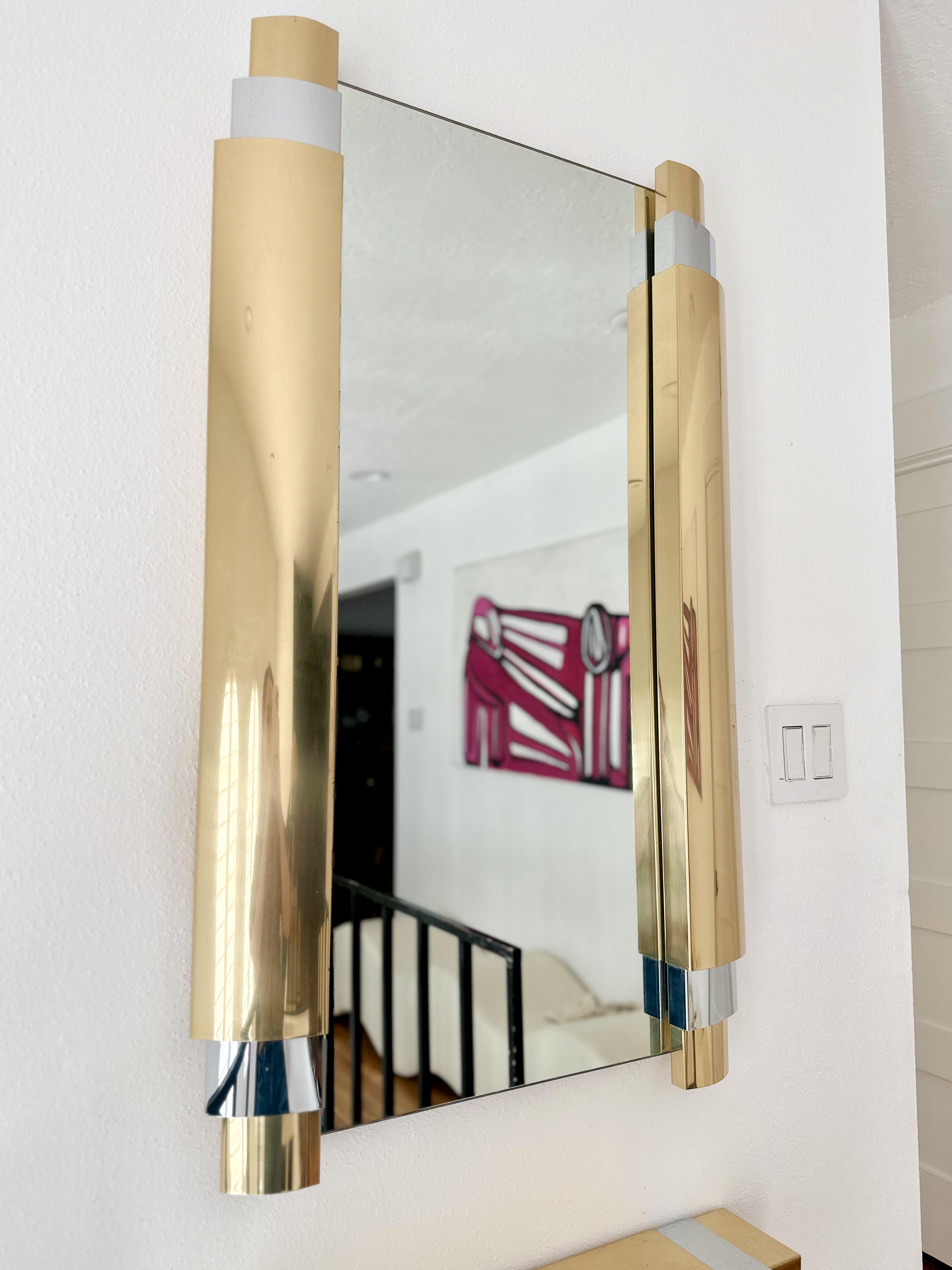 1980s Curtis Jere Brass and Chrome Wall Mounted Mirror With Floating Shelf In Good Condition For Sale In Houston, TX