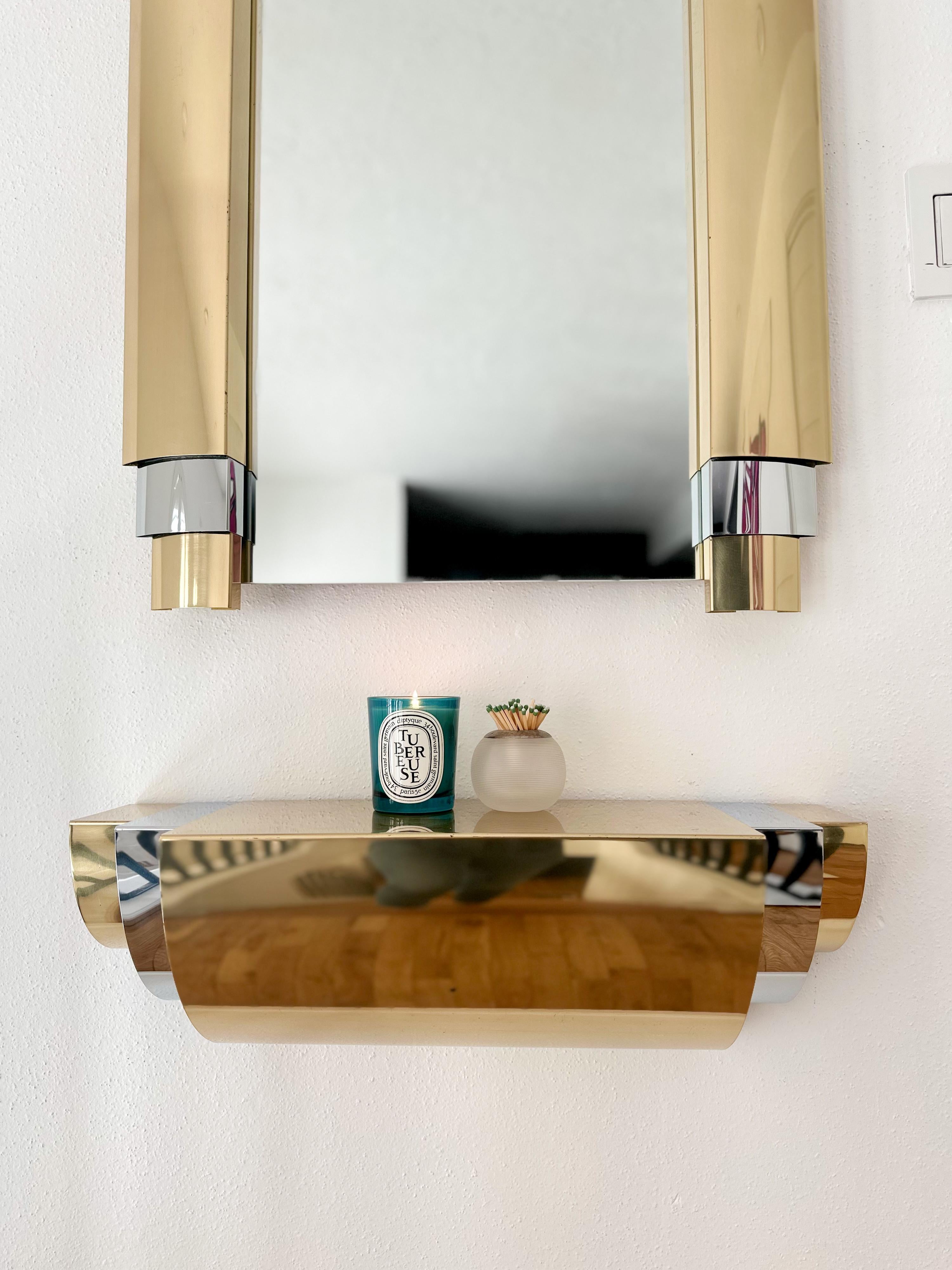 Art Deco 1980s Curtis Jere Brass and Chrome Wall Mounted Mirror With Floating Shelf For Sale
