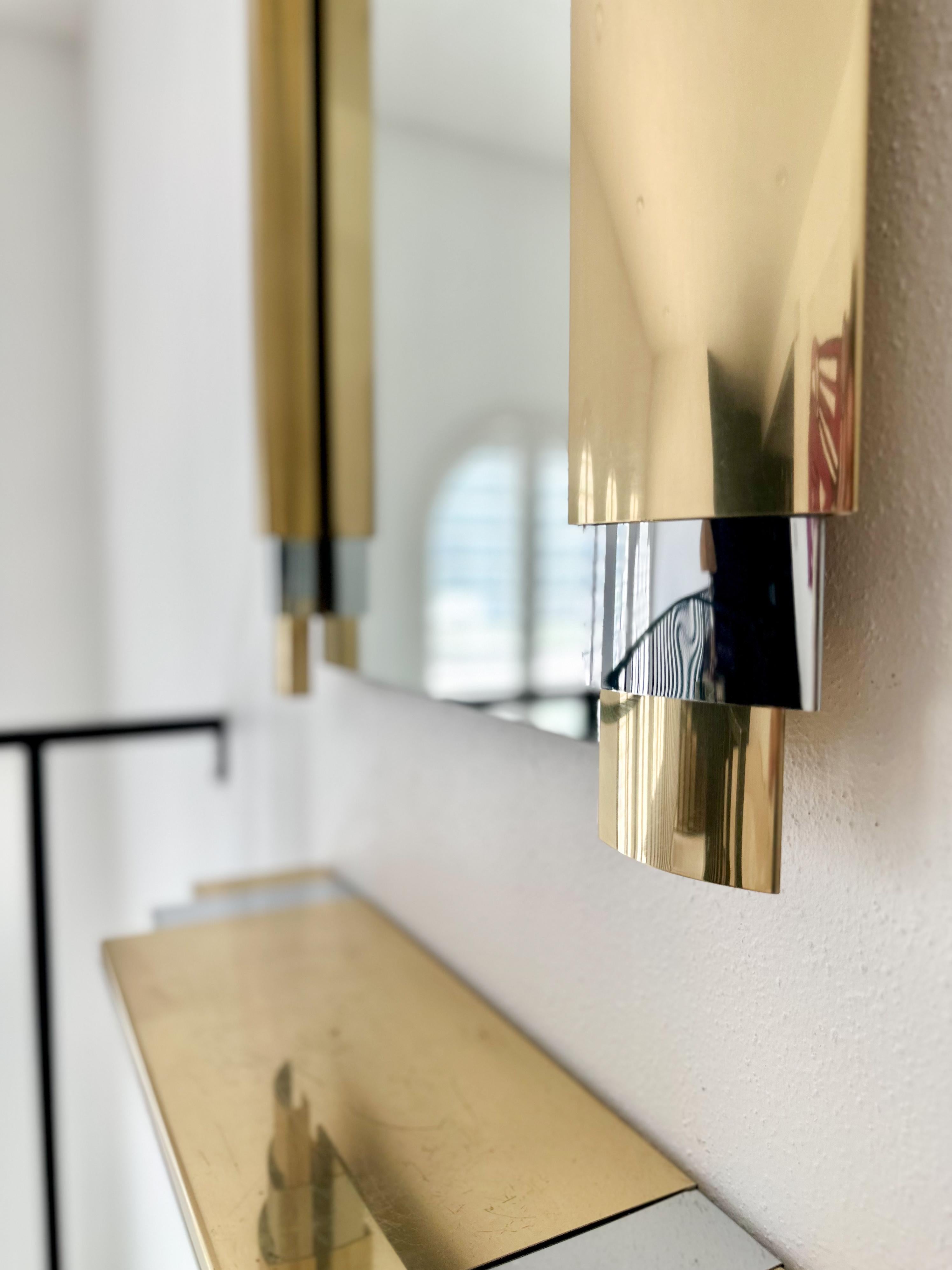 1980s Curtis Jere Brass and Chrome Wall Mounted Mirror With Floating Shelf For Sale 5