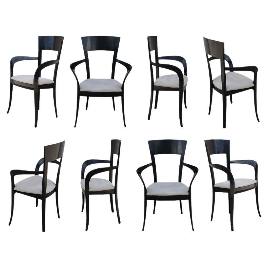 Black Lacquer Klismos Style Dining Armchairs by Pietro Costantini, a Set of 8