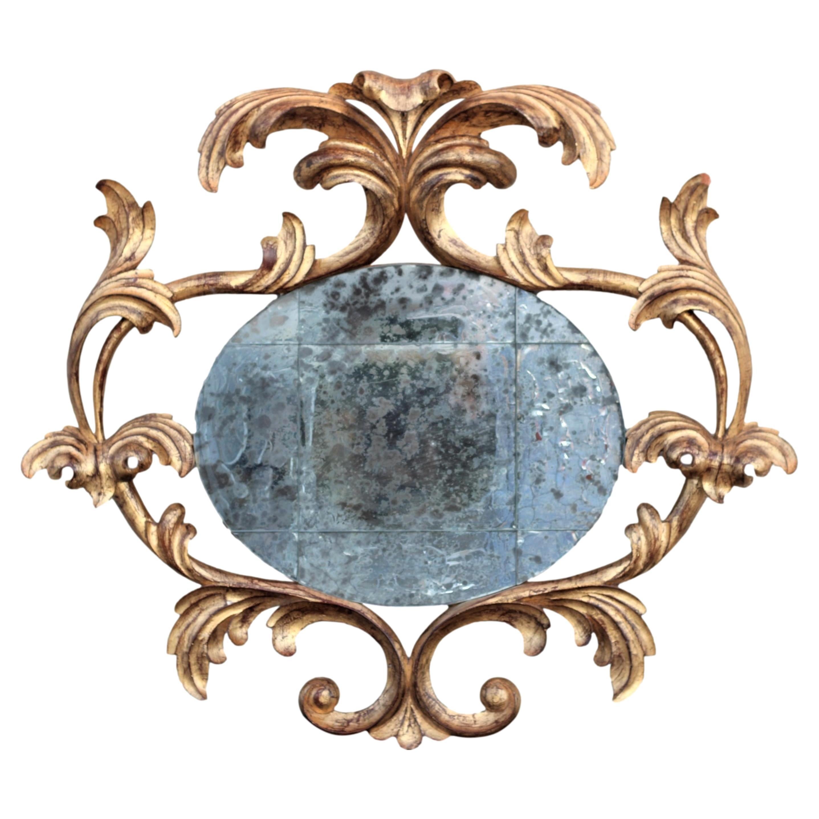 Harrison & Gil miroir rococo en bois doré sculpté avec verre vieilli et vieilli