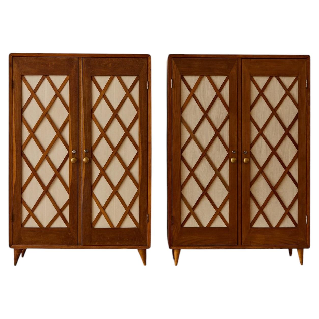 Gio Ponti Low Wardrobes, Stained Oak & Brass, Italy, 1950s